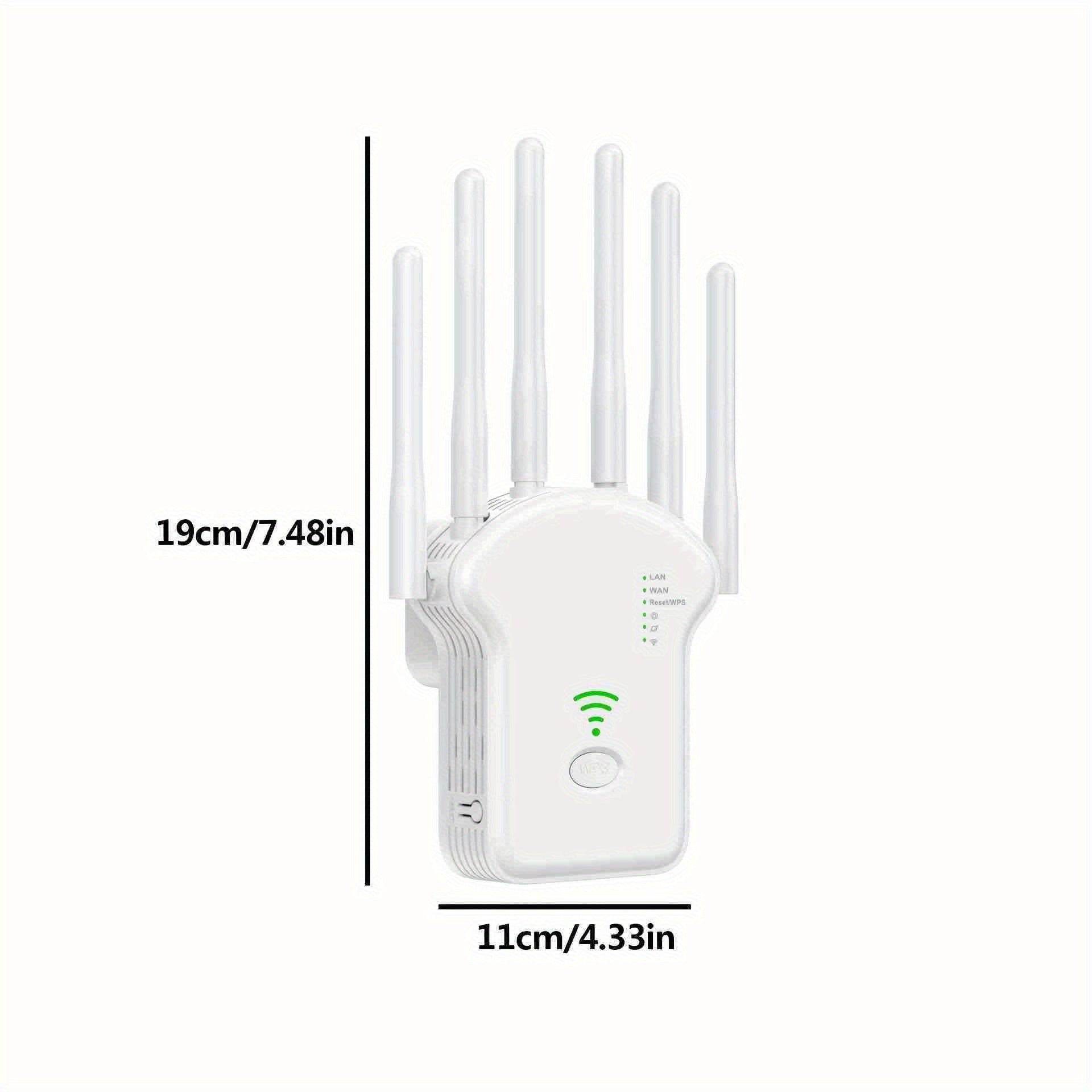 Amplificador de WiFi OEKE 1200Mbps Doble Banda 2.4&5GHz, 6 Antenas Cobertura 360°, 4 Modos, Puerto Ethernet, Configuración con un Clic, Extiende hasta 3000 Pies Cuadrados para 35 Dispositivos, Refuerzo de Señal Wifi, Diseño Moderno, Dispositivo de Conect