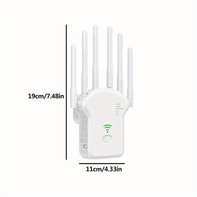 Amplificador de WiFi OEKE 1200Mbps Doble Banda 2.4&5GHz, 6 Antenas Cobertura 360°, 4 Modos, Puerto Ethernet, Configuración con un Clic, Extiende hasta 3000 Pies Cuadrados para 35 Dispositivos, Refuerzo de Señal Wifi, Diseño Moderno, Dispositivo de Conect