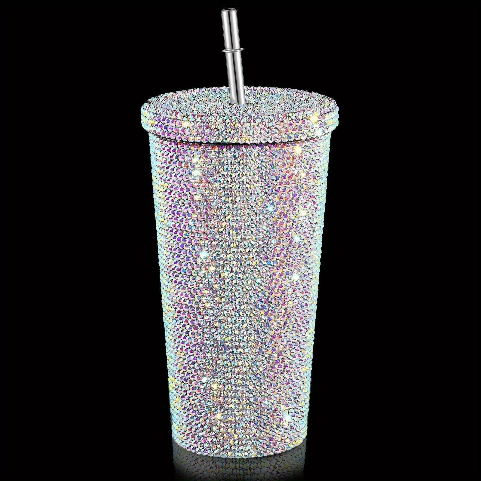 Taza de acero inoxidable aislada con piedras de imitación elegantes con caña - Diseño de doble capa, adornos de cristal vibrantes, perfecta para café o té, artículo de regalo, taza de café | Taza elegante | Vajilla de bebida duradera, taza de café