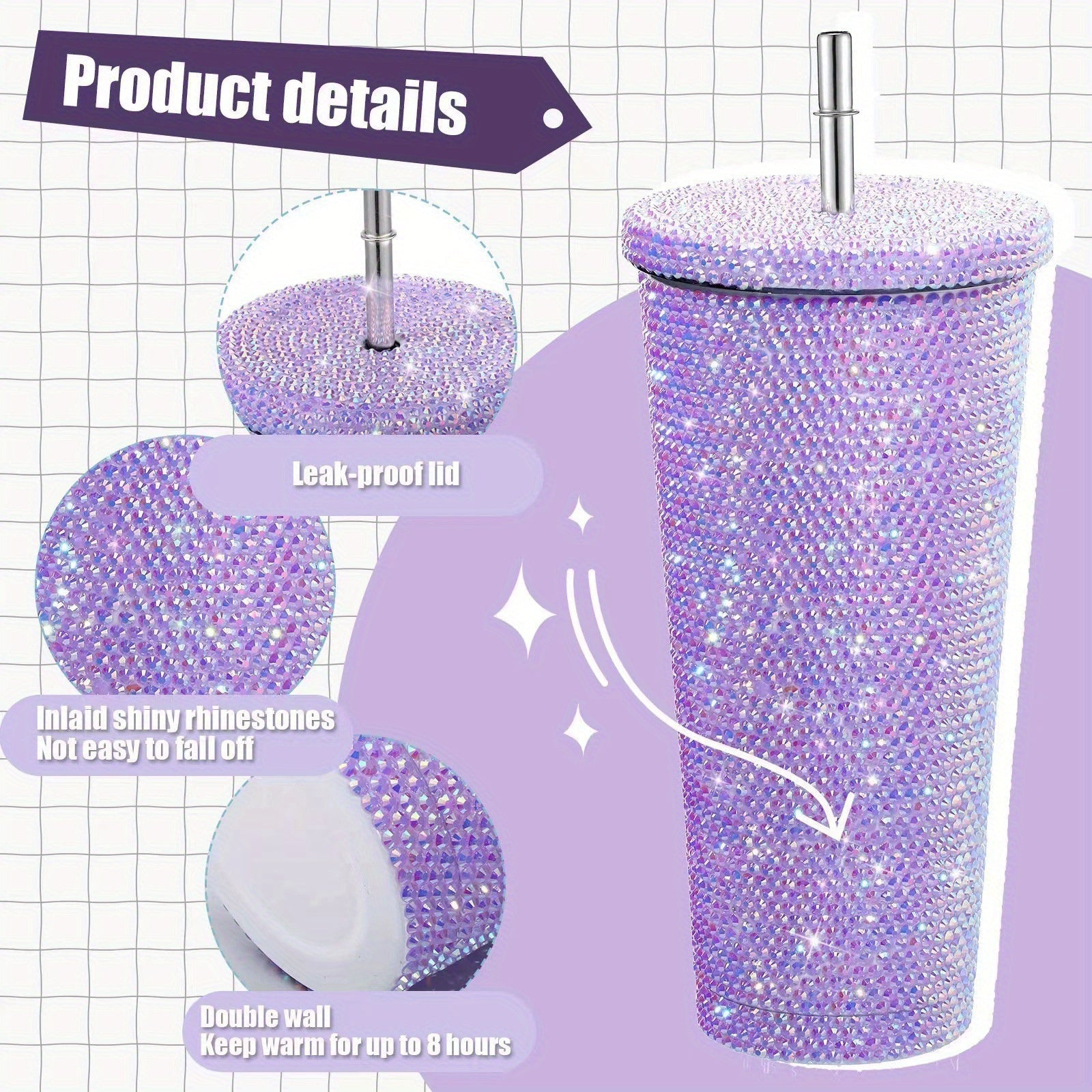 Taza de acero inoxidable aislada con piedras de imitación elegantes con caña - Diseño de doble capa, adornos de cristal vibrantes, perfecta para café o té, artículo de regalo, taza de café | Taza elegante | Vajilla de bebida duradera, taza de café