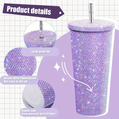 Taza de acero inoxidable aislada con piedras de imitación elegantes con caña - Diseño de doble capa, adornos de cristal vibrantes, perfecta para café o té, artículo de regalo, taza de café | Taza elegante | Vajilla de bebida duradera, taza de café