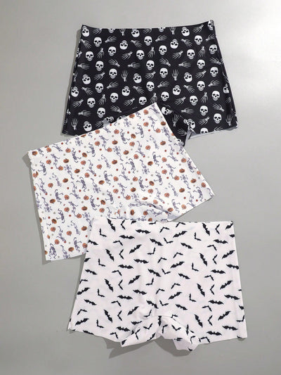 Finetoo conjunto de 3 piezas pantis con estilo gotico, sexy y lindo para mujer, con contraste de color hipster. ropa interior tipo short sin costuras con estampado completo de calaveras y murcielagos de halloween