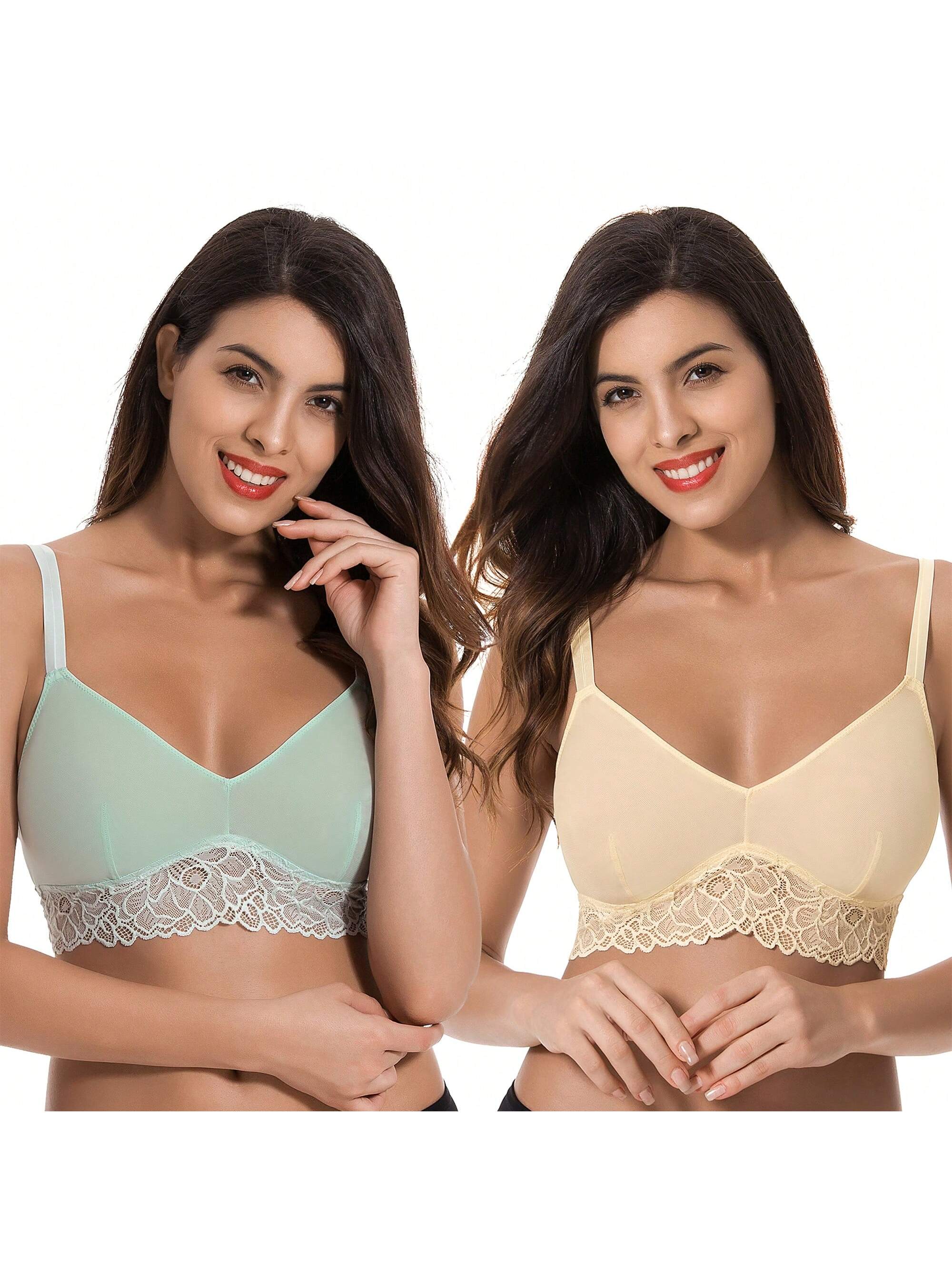 Curve muse bralette sin relleno con escote profundo y encaje floral, paquete de 2, tallas grandes