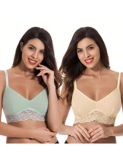 Curve muse bralette sin relleno con escote profundo y encaje floral, paquete de 2, tallas grandes