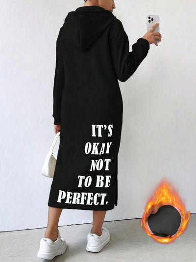 Lune vestido con capucha de manga larga, bolsillo y unicolor minimalista para mujer