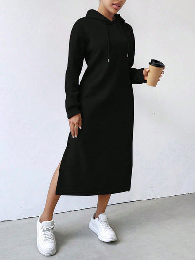 Lune vestido con capucha de manga larga, bolsillo y unicolor minimalista para mujer