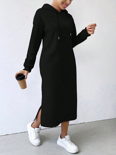 Lune vestido con capucha de manga larga, bolsillo y unicolor minimalista para mujer