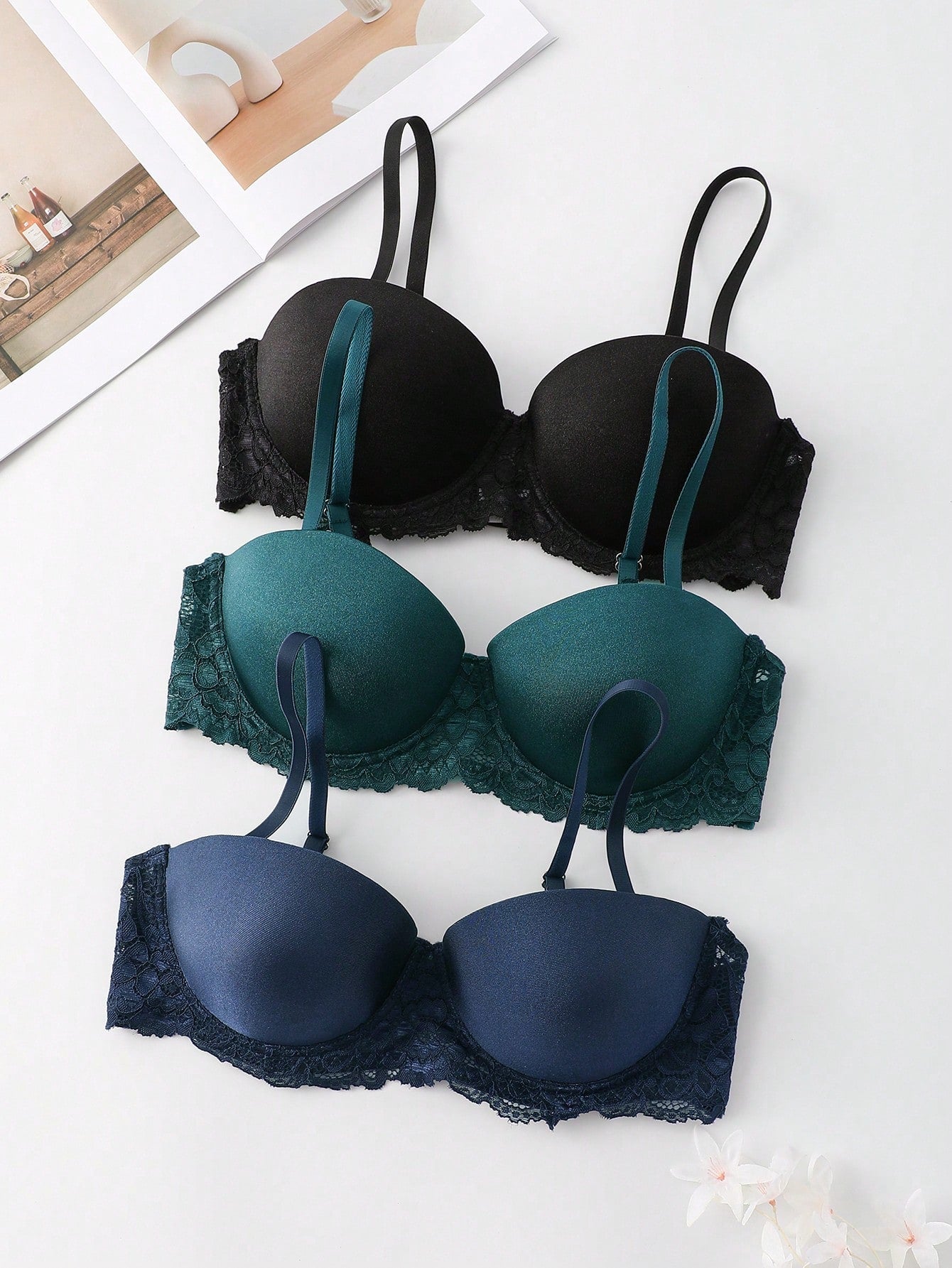 Underwear&sleepwear basics juego de lenceria de 3 piezas/set de sujetador de contraste de encaje de unicolor para mujer