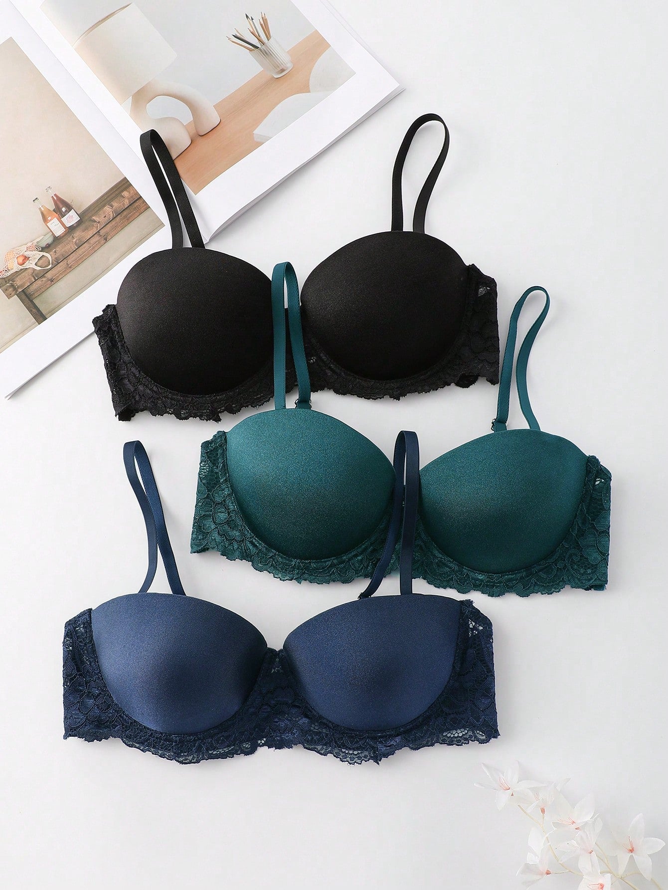 Underwear&sleepwear basics juego de lenceria de 3 piezas/set de sujetador de contraste de encaje de unicolor para mujer