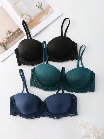 Underwear&sleepwear basics juego de lenceria de 3 piezas/set de sujetador de contraste de encaje de unicolor para mujer