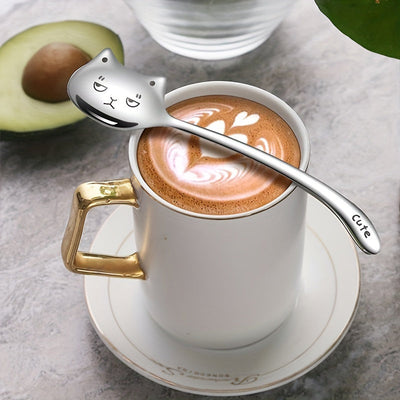 Cuchara de café de acero inoxidable con cola larga para gato, vajilla duradera 304 con diseño de estampado animal, cuchara de mango largo única para café, té, postre, idea de regalo de cumpleaños