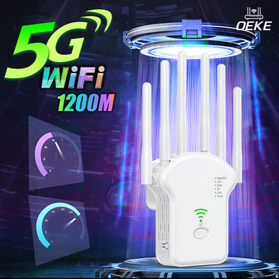 Amplificador de WiFi OEKE 1200Mbps Doble Banda 2.4&5GHz, 6 Antenas Cobertura 360°, 4 Modos, Puerto Ethernet, Configuración con un Clic, Extiende hasta 3000 Pies Cuadrados para 35 Dispositivos, Refuerzo de Señal Wifi, Diseño Moderno, Dispositivo de Conect