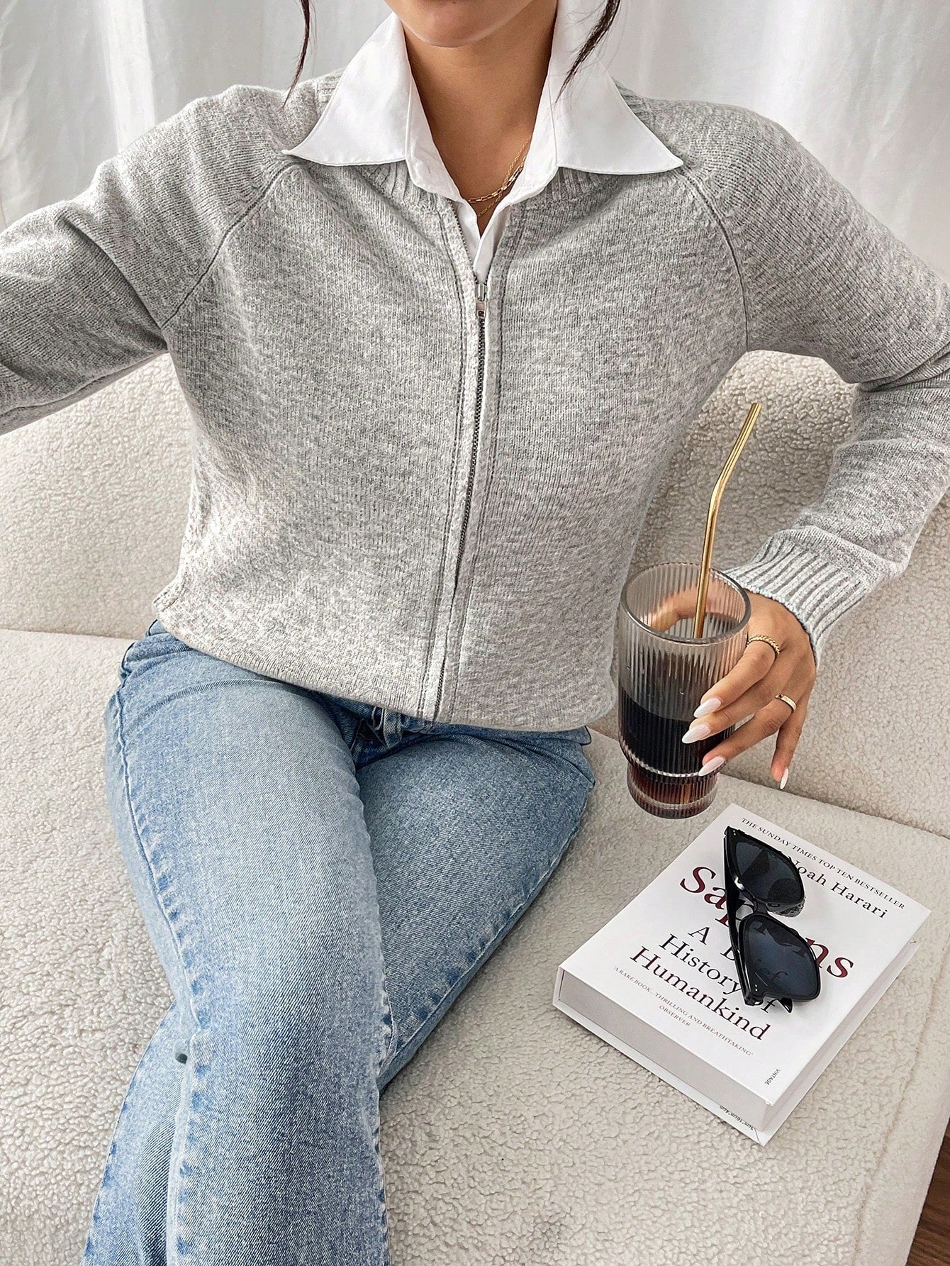 Essnce cardigan casual de mangas raglan con cierre delantero de cremallera, de unicolor, para otono/invierno