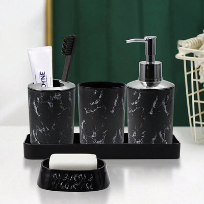 Conjunto de accesorios de baño de 5 piezas de mármol negro - Plástico duradero, soporte para cepillos de dientes, 2 vasos, dispensador de jabón, jabonera con bandeja