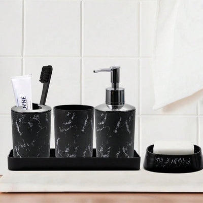 Conjunto de accesorios de baño de 5 piezas de mármol negro - Plástico duradero, soporte para cepillos de dientes, 2 vasos, dispensador de jabón, jabonera con bandeja
