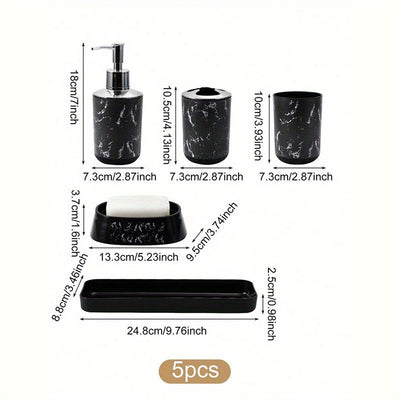 Conjunto de accesorios de baño de 5 piezas de mármol negro - Plástico duradero, soporte para cepillos de dientes, 2 vasos, dispensador de jabón, jabonera con bandeja