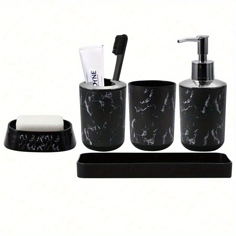 Conjunto de accesorios de baño de 5 piezas de mármol negro - Plástico duradero, soporte para cepillos de dientes, 2 vasos, dispensador de jabón, jabonera con bandeja