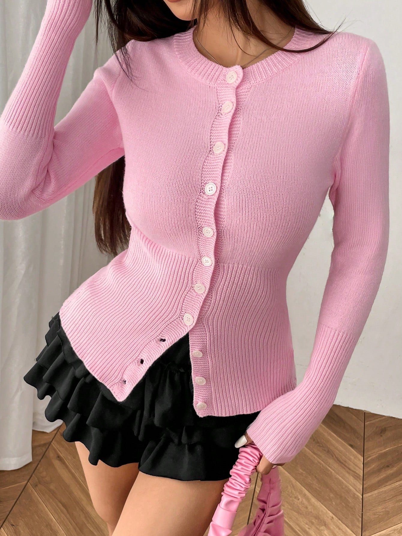 Moosta mujer chaqueta de punto de unicolor con cuello redondo, manga larga, de abotonadura sencilla, versatil y de moda, para otono/invierno