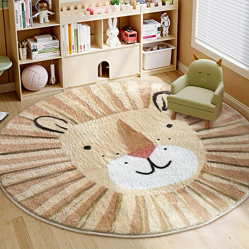 Alfombra de dormitorio redonda de imitación cachemira 1000G/㎡ con dibujos animados de león lindo, lavable y antideslizante, alfombra suave y esponjosa de 10 mm de grosor