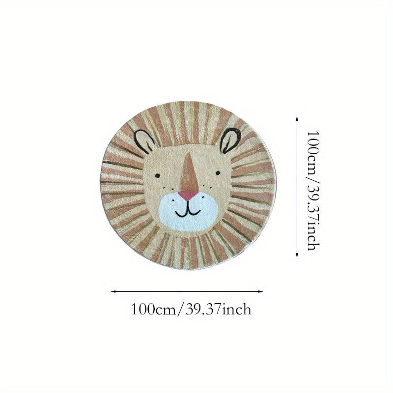 Alfombra de dormitorio redonda de imitación cachemira 1000G/㎡ con dibujos animados de león lindo, lavable y antideslizante, alfombra suave y esponjosa de 10 mm de grosor
