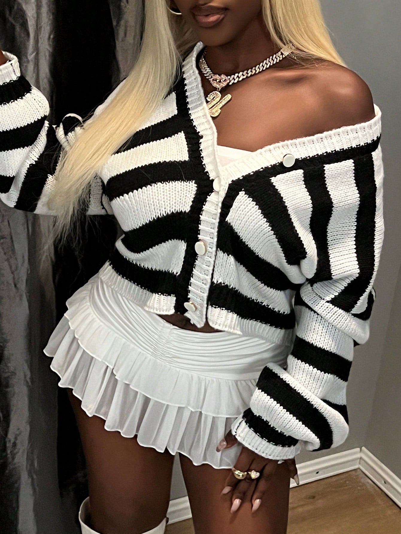 Bamgleam chaqueta de punto de manga larga, chaqueta de punto con botones horizontales en blanco y negro, de diseno sexy y holgado, ideal para reuniones con amigos en otono e invierno