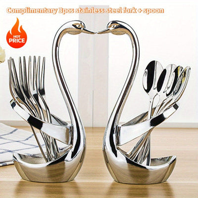 2 Elegantes Porta Cubiertos en Forma de Cisne de Acero Inoxidable, Equipados con un Juego Adicional de 3 Tenedores y 3 Cucharas - Perfecto para Servicios de Catering