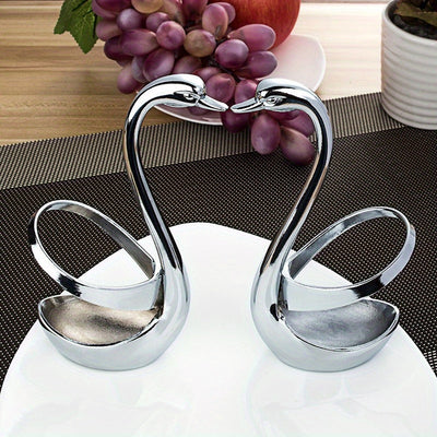 2 Elegantes Porta Cubiertos en Forma de Cisne de Acero Inoxidable, Equipados con un Juego Adicional de 3 Tenedores y 3 Cucharas - Perfecto para Servicios de Catering