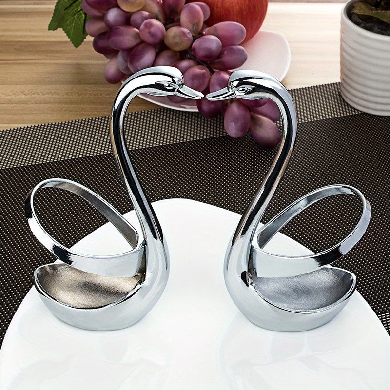 2 Elegantes Porta Cubiertos en Forma de Cisne de Acero Inoxidable, Equipados con un Juego Adicional de 3 Tenedores y 3 Cucharas - Perfecto para Servicios de Catering