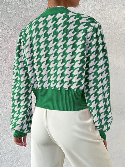 Essnce cardigan casual de mujer con botones y mangas de farol, dobladillo ancho y estampado de pata de gallo