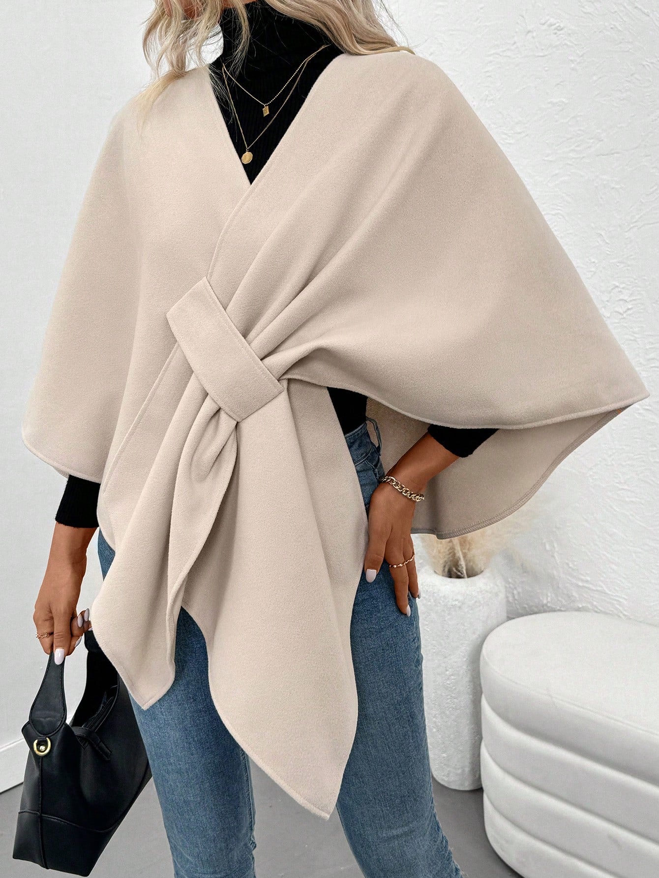 Clasi abrigo de lana de unicolor elegante con cierre envolvente para mujer, para otono/invierno