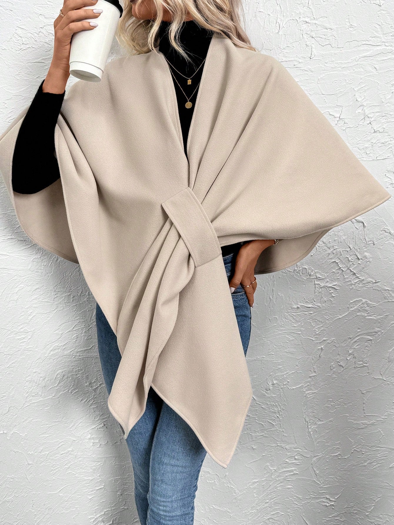 Clasi abrigo de lana de unicolor elegante con cierre envolvente para mujer, para otono/invierno