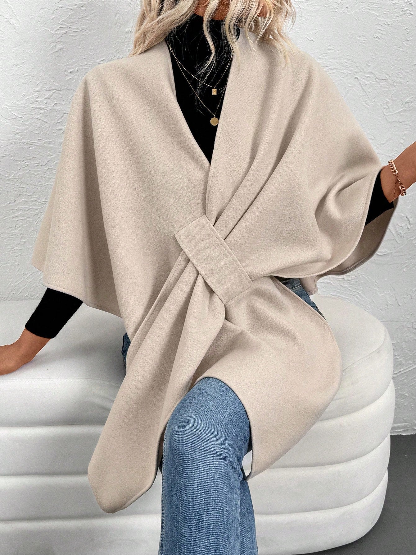 Clasi abrigo de lana de unicolor elegante con cierre envolvente para mujer, para otono/invierno