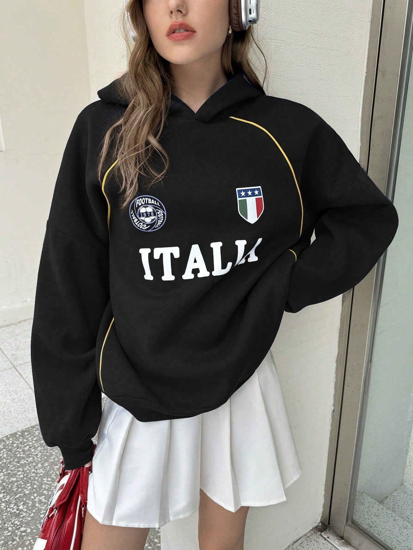 Ezwear sudadera holgada con capucha de estilo deportivo minimalista casual con patron de letra de mexico, para mujer, otono/invierno