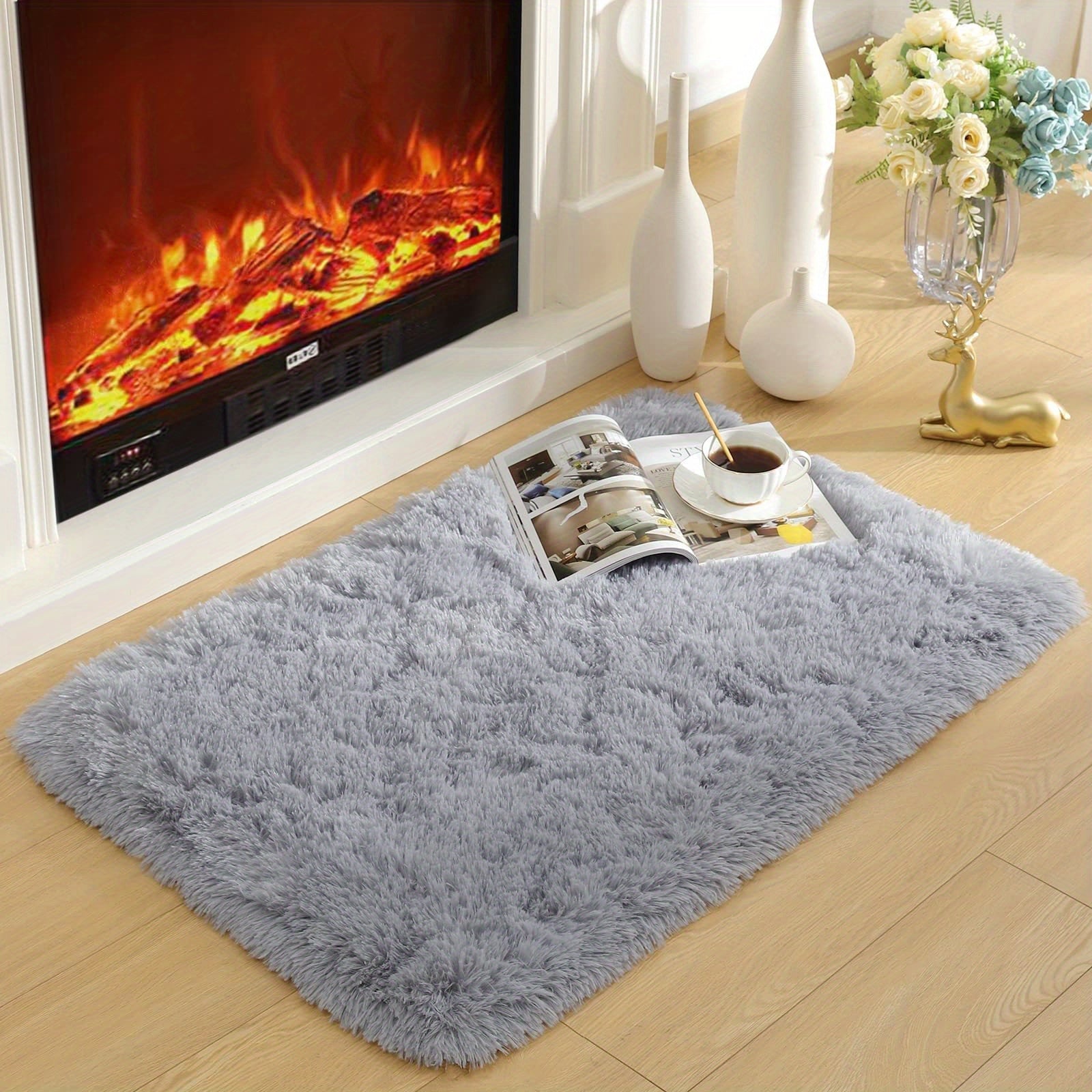 Alfombra suave de pelo gris, alfombra peluda para dormitorio, alfombra decorativa para habitación, alfombra tie-dye, ideal para dormitorio, sala, decoración de interiores, suave y cómoda, fácil de limpiar