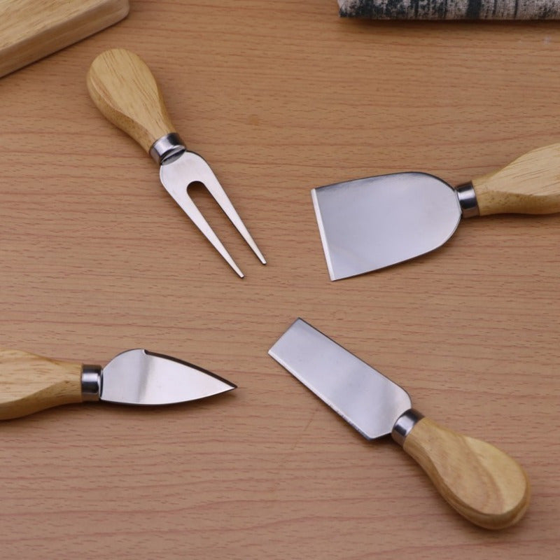 Juego de 4 cuchillos para queso de acero inoxidable con mangos de roble, utensilios para servir pizza de queso, vajilla de cocina y comedor, caja de regalo incluida.
