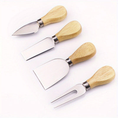 Juego de 4 cuchillos para queso de acero inoxidable con mangos de roble, utensilios para servir pizza de queso, vajilla de cocina y comedor, caja de regalo incluida.