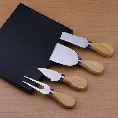 Juego de 4 cuchillos para queso de acero inoxidable con mangos de roble, utensilios para servir pizza de queso, vajilla de cocina y comedor, caja de regalo incluida.