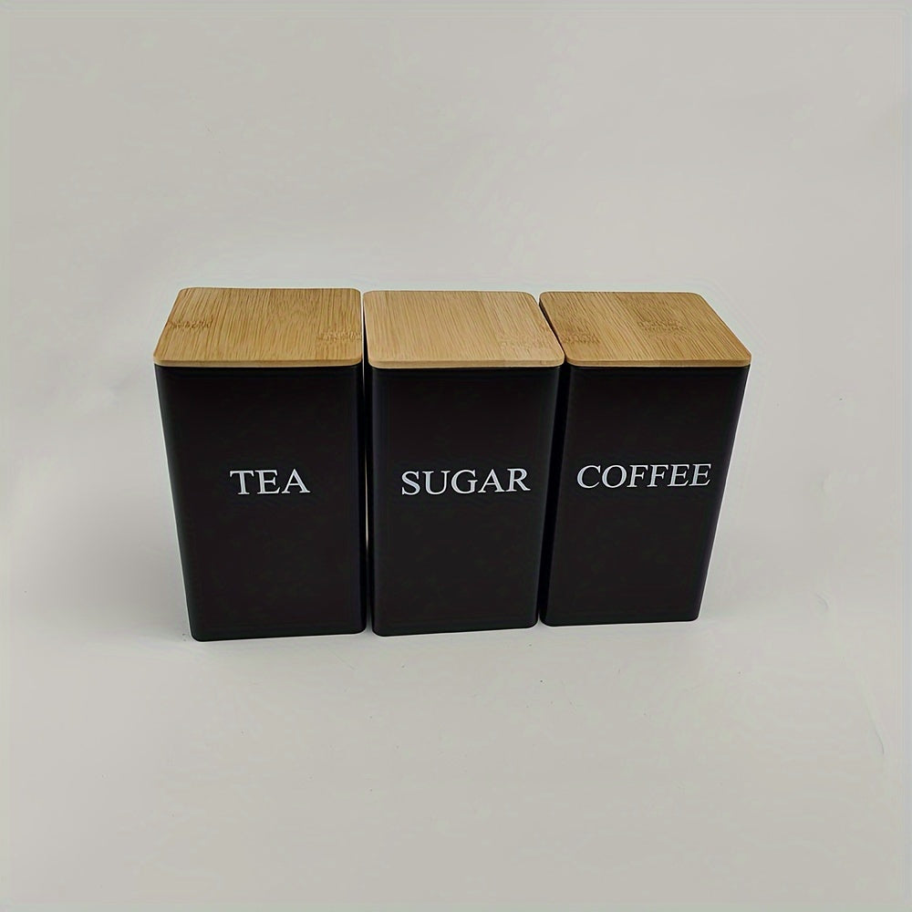 Juego de 3 Tarros Metálicos Cuadrados con Tapas de Madera - Té, Azúcar, Café