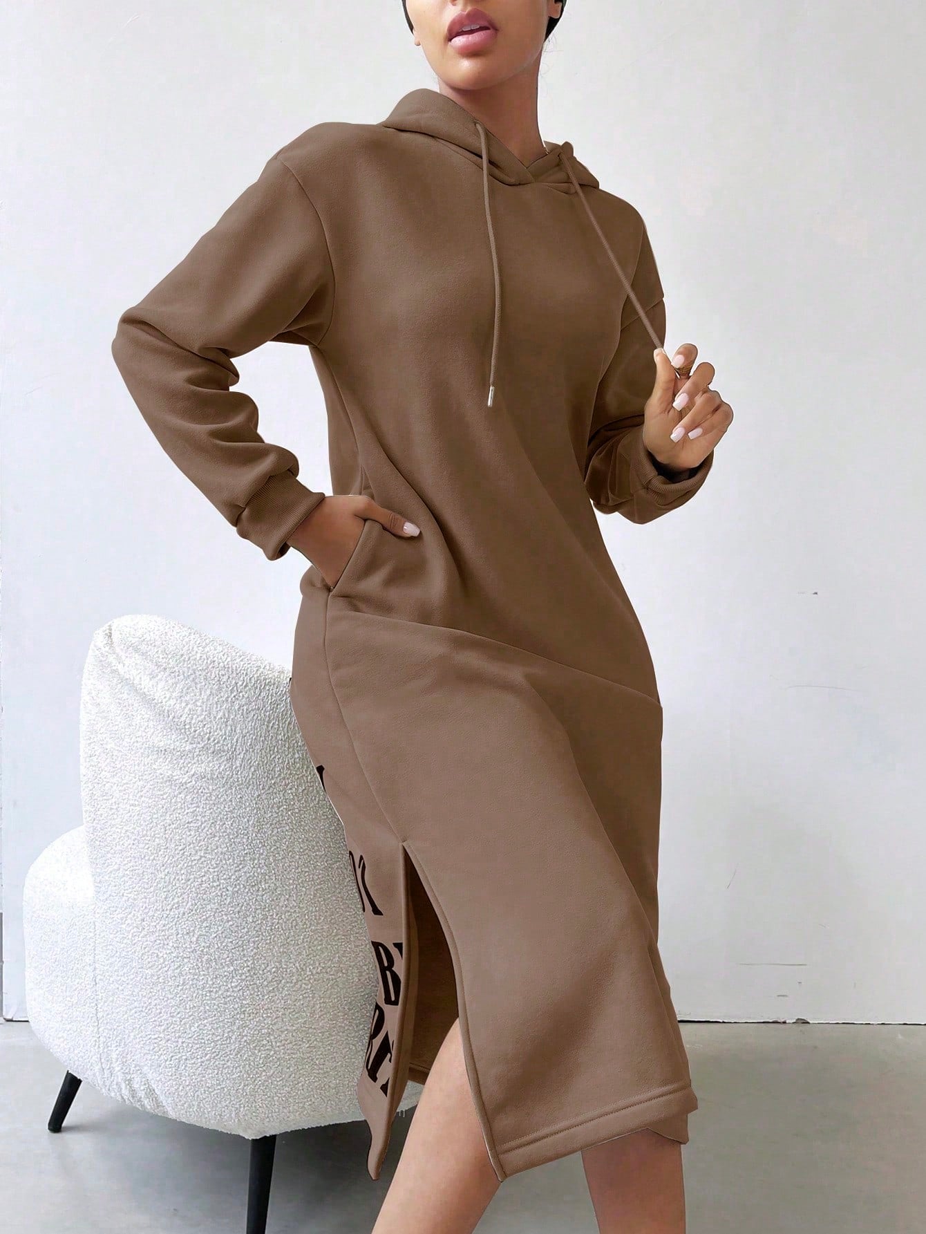 Lune vestido con capucha de manga larga, bolsillo y unicolor minimalista para mujer