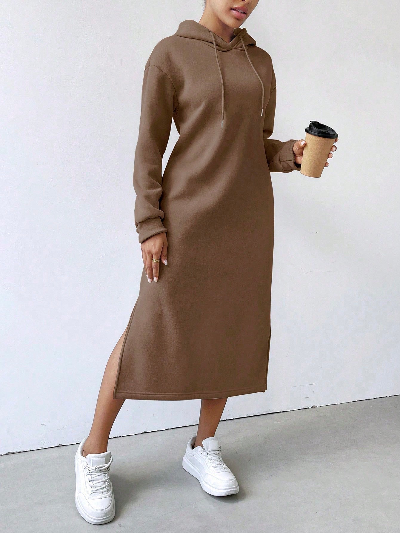 Lune vestido con capucha de manga larga, bolsillo y unicolor minimalista para mujer