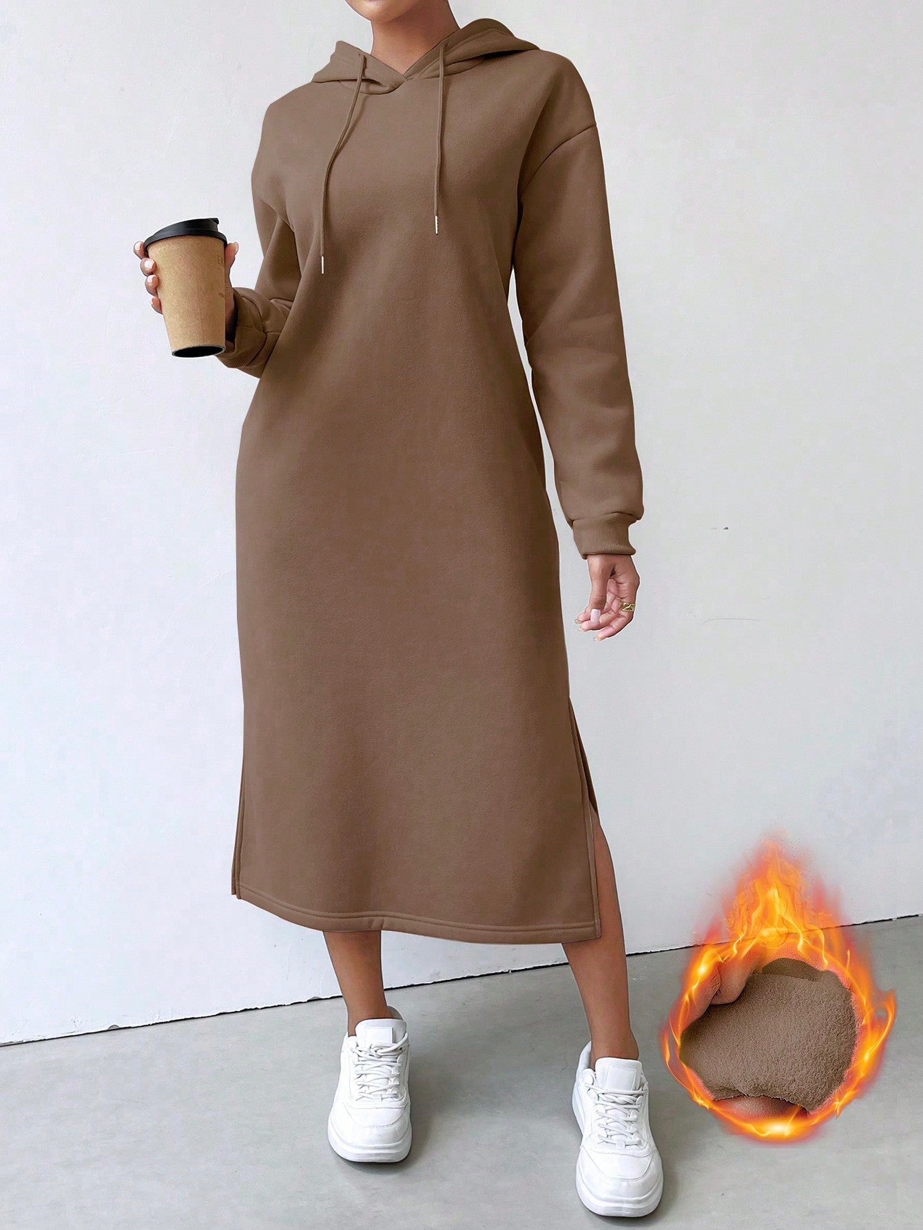 Lune vestido con capucha de manga larga, bolsillo y unicolor minimalista para mujer