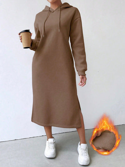Lune vestido con capucha de manga larga, bolsillo y unicolor minimalista para mujer