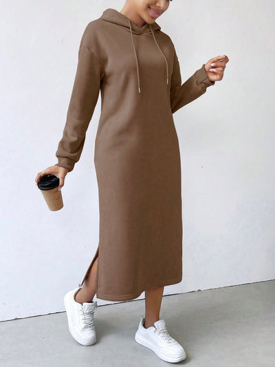 Lune vestido con capucha de manga larga, bolsillo y unicolor minimalista para mujer