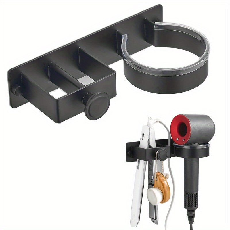 Soporte de pared para secador de pelo con ganchos para accesorios - Organizador de almacenamiento para baño para secador de pelo, plancha, rizador - Estante sin taladrar, que ahorra espacio para toallas, joyas - Soporte duradero no eléctrico