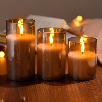 Conjunto de 3 Velas LED Elegantes Grises con Control Remoto - Quemadores de Cera Sin Llama Parpadeante para Bodas, Cumpleaños y Decoración de Navidad