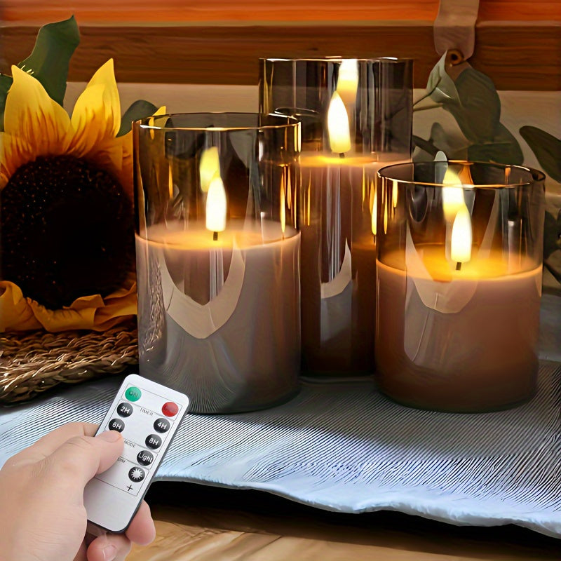 Conjunto de 3 Velas LED Elegantes Grises con Control Remoto - Quemadores de Cera Sin Llama Parpadeante para Bodas, Cumpleaños y Decoración de Navidad