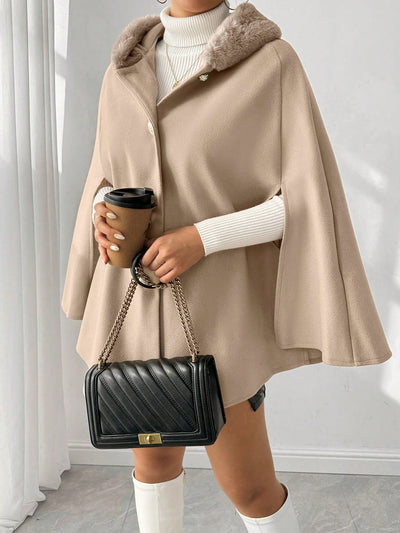 Prive poncho de abrigo con capucha y cuello de piel, de unicolor, de uso casual diario, para otono/invierno
