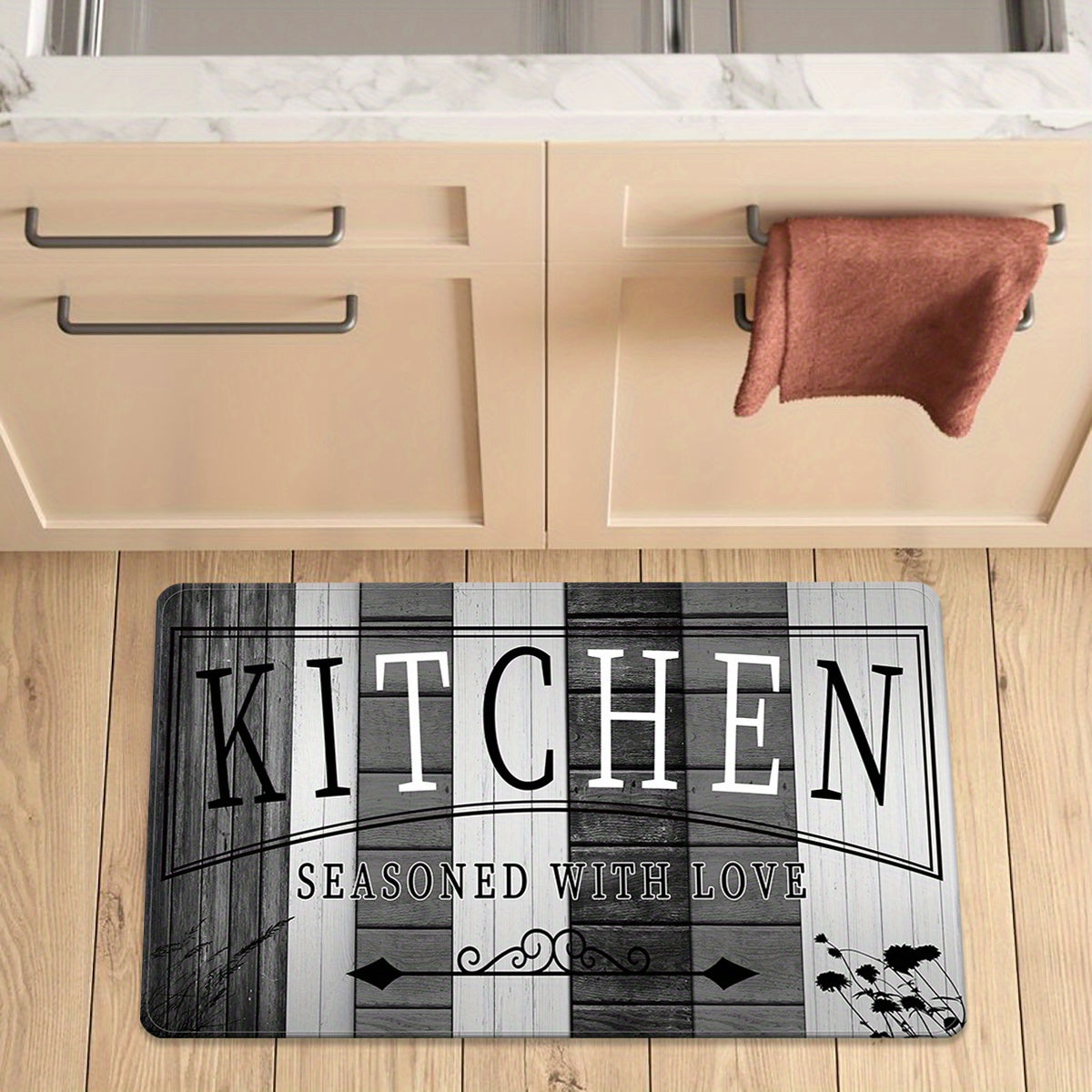 Tapete de cocina absorbente de impresión premium - Tapete de piso de poliéster duradero y antideslizante con diseño "KITCHEN", ideal para entrada, sala de lavandería, baño, pasillo, sala de estar, decoración de dormitorio, tapete de sala de lavandería |