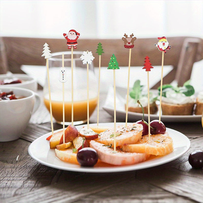 Juego de 30 Piezas de Adornos para Cócteles Navideños - Decoraciones Festivas de Madera para Bebidas y Aperitivos con Diseños de Copos de Nieve, Muñecos de Nieve, Renos y Árboles para Fiestas Navideñas