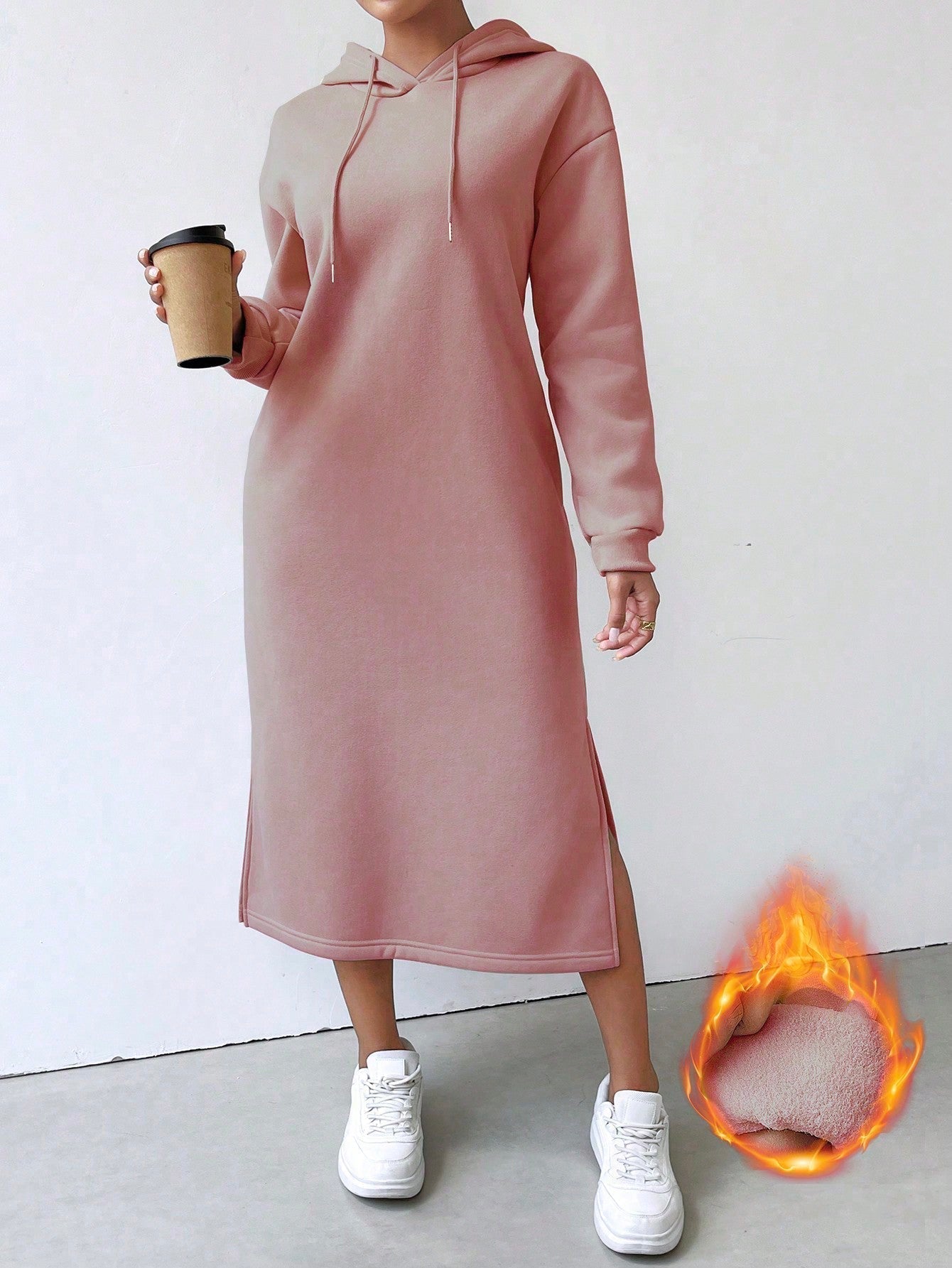 Lune vestido con capucha de manga larga, bolsillo y unicolor minimalista para mujer
